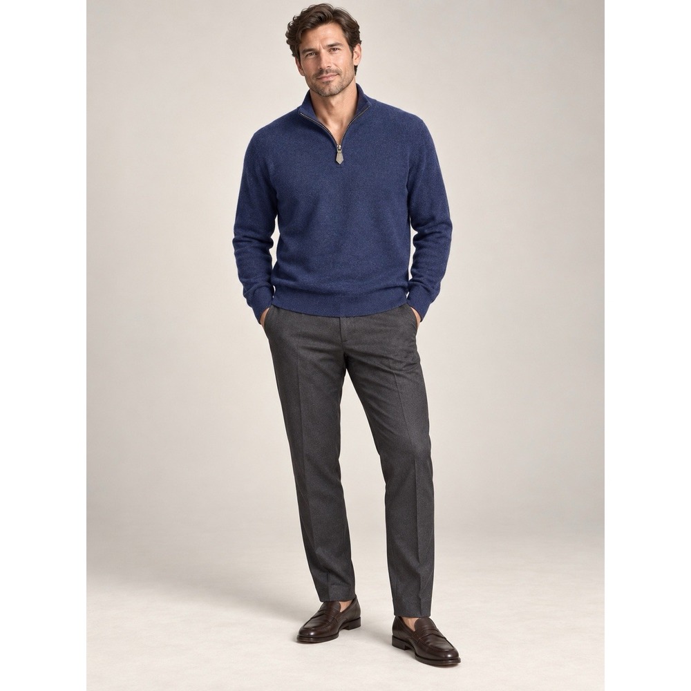 Bloomingdale's Men's L 100% Cashmere Navy Quarter Zip Sweater Leather Trim